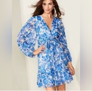 Alex Marie Simone Cobalt Floral Long Sleeve Tiered A Line Dress 8